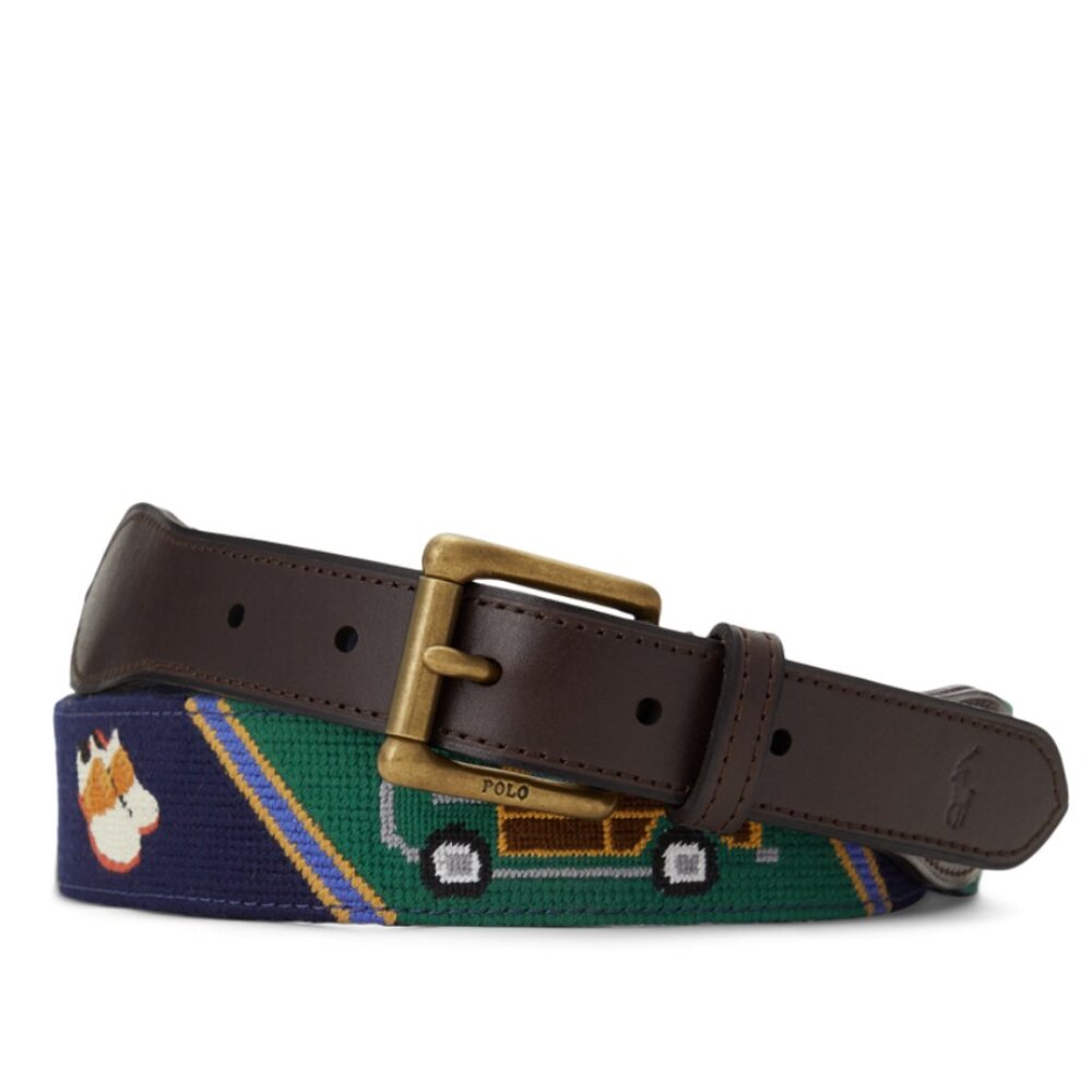 Polo Ralph Lauren Leather Trim Logo Needlepoint Collegiate Belt